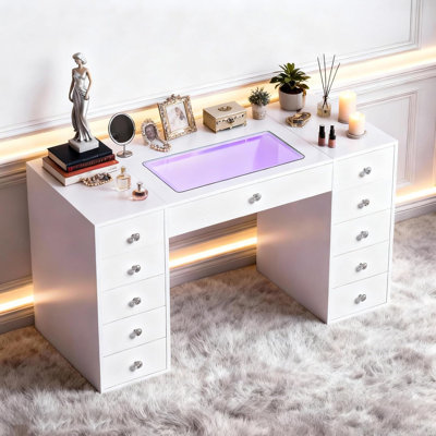 Vanity Makeup Desk With Clear Glass Top Built-In RGB Light Strips 11 Drawers And Diamond Handles