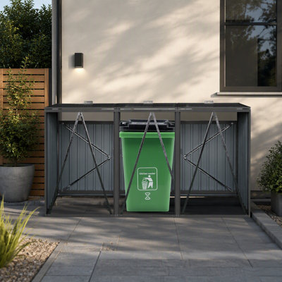 La remise à poubelle contient 3 poubelles en métal pour le rangement des ordures, en acier inoxydable galvanisé, une remise pour la cour de jardin, gris