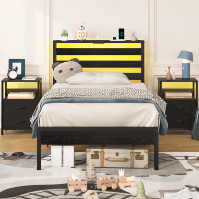 Cadre de lit simple avec DEL et station de charge, cadre de lit plateforme en bois avec tête de lit, noir