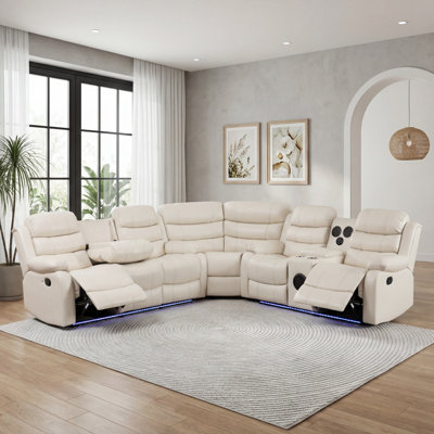 3 Piece Faux Leather Reclining Sectional with LED Lighting, Bluetooth Speaker & Charging Console