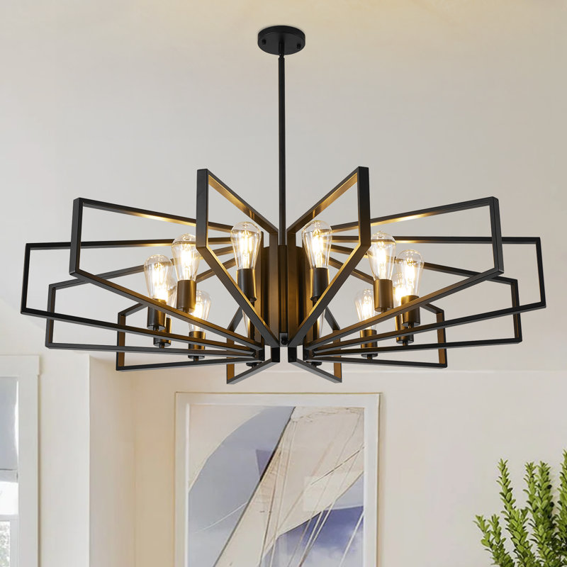 Lustre géométrique à 12 lumières à intensité variable, H 70,45 po x l 45,28 po x P 45,28 po, Noir, noir, noir, noir