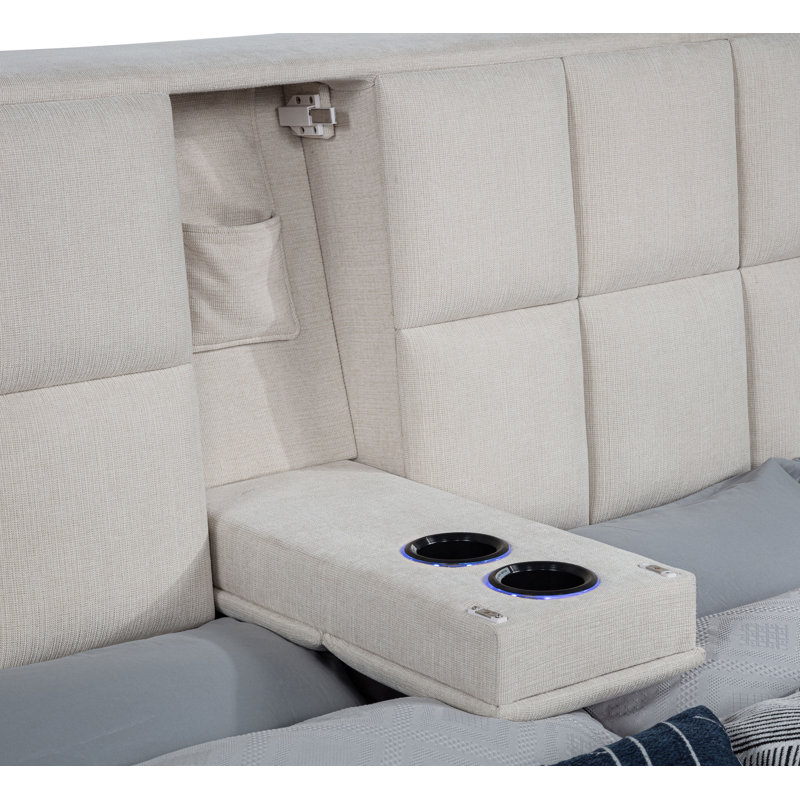 Grand lit plateforme tapissier Dreux, Crème, Grand