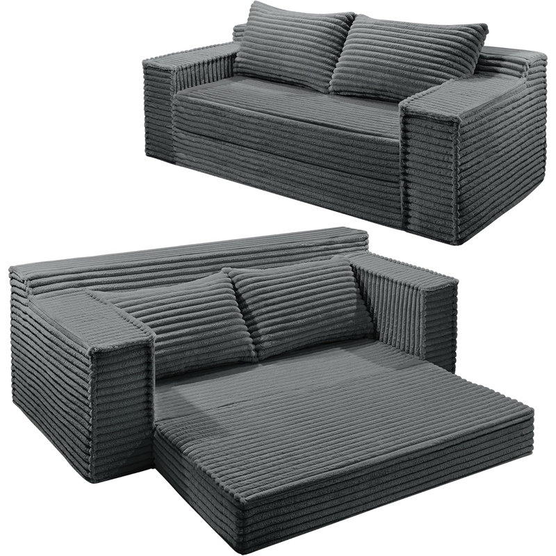 Canapé-lit convertible de 75 po, canapé-lit désossé avec 2 coussins, canapé-lit rabattable, causeuse, canapé-lit pour salon, sans assemblage, gris