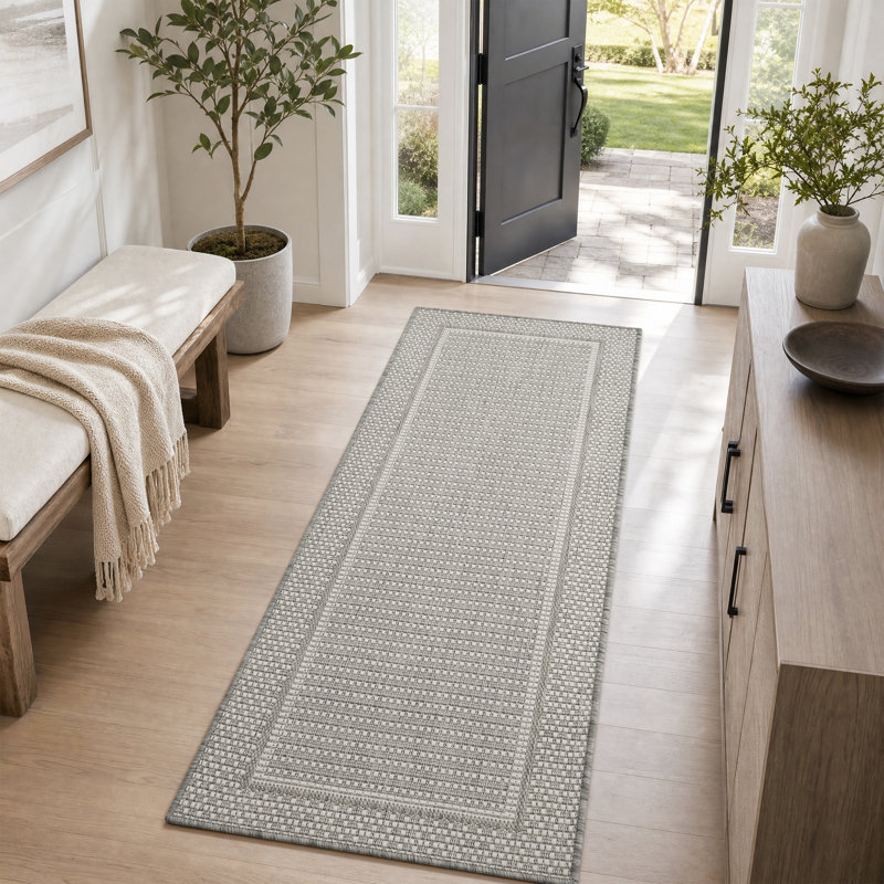 Tapis de couloir géométrique intérieur / extérieur gris / blanc, Tapis de couloir 2 pi x 6 pi
