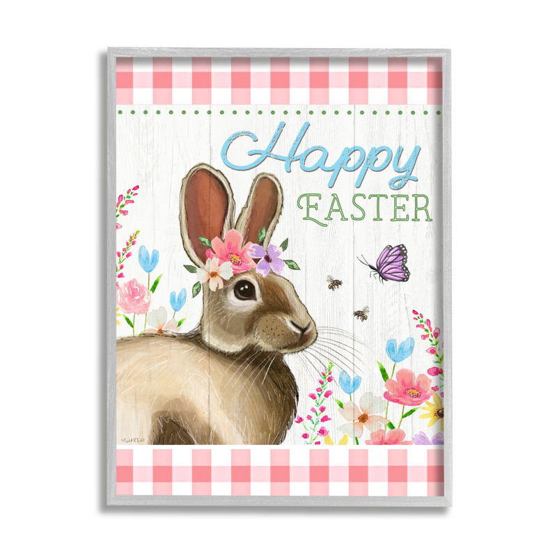 Joyeuses Pâques, lapin vichy floral, estampe numérique encadrée par Elizabeth Tyndall, H 14 po x l 11 po x P 1,5 po