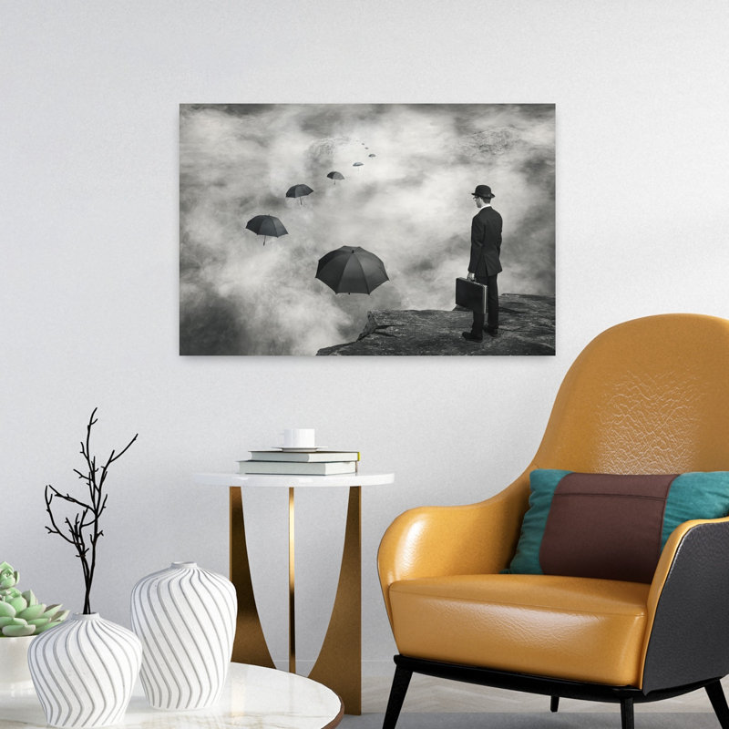 Homme et parapluies flottants, H 16 po x l 24 po