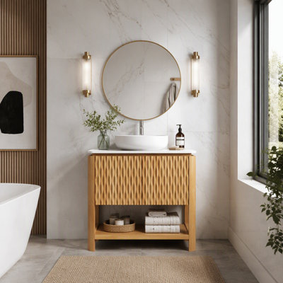 Armoire de salle de bain autoportante avec 2 portes, tablette ouverte et plateau en pierre frittée Carrara