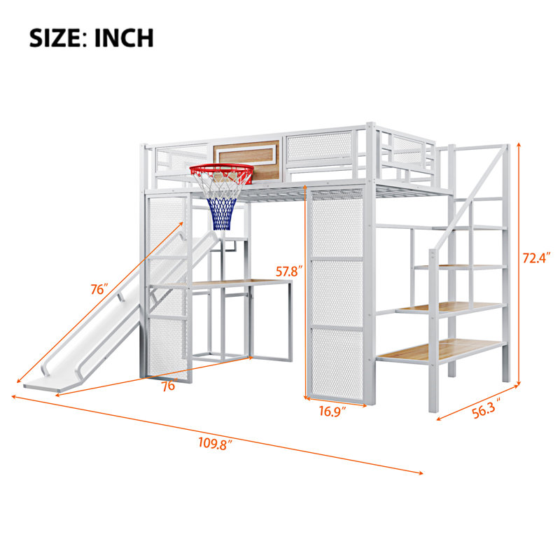 Lit mezzanine en métal avec bureau intégré, Blanc