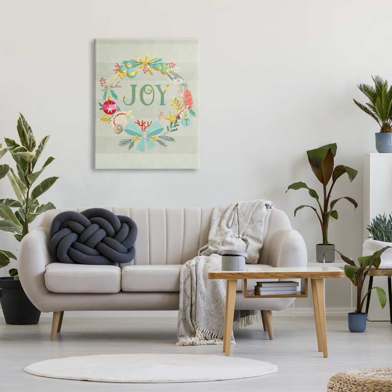 «Nautical Holiday Wreathe Joy Sentiment Green Stripes» par Laura Watson, impression sur toile, H 40 po x l 30 po