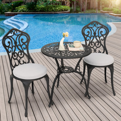 Patio 3-piece Bistro Set With Cushions, Patio Chairs And Outdoor Round Table With Umbrella Hole, Cast Aluminum Patio Set For Lawn, Garden, Porch, Poolside