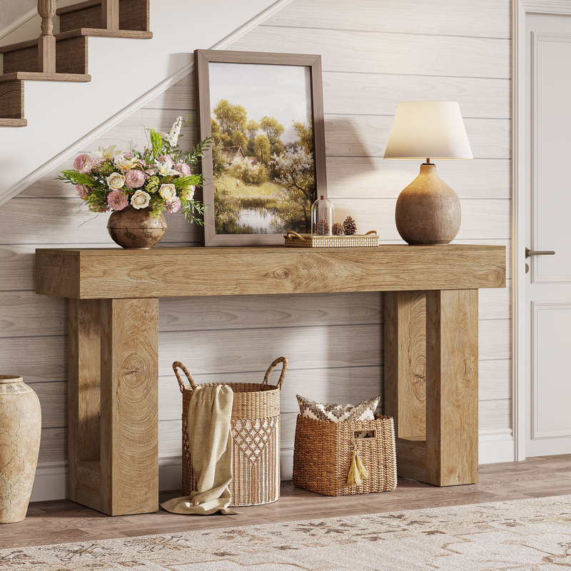Console 63 po, table d'appoint en bois naturel, console rectangulaire en bois pour hall d'entrée, couloir et salon (naturel)