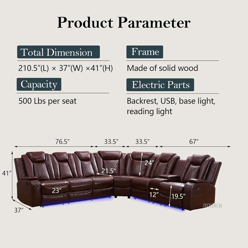 210"Power Recliner Sectional Sofa Set, With Led Lights, Cup Holder, Pull-Down Table, Red Faux Leather