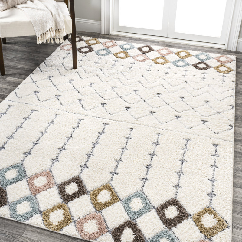 Wilmington Moroccan Trellis Plush Carved High-Low Multi/Cream Rug, Rectangle 3'11" x 6'