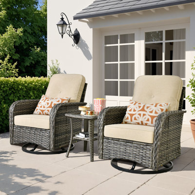 Allcot 2 - Person Outdoor Wicker Chairs with Side Table, All Weather High Back Rattan Chairs 2-Seater with Comfy Cushions