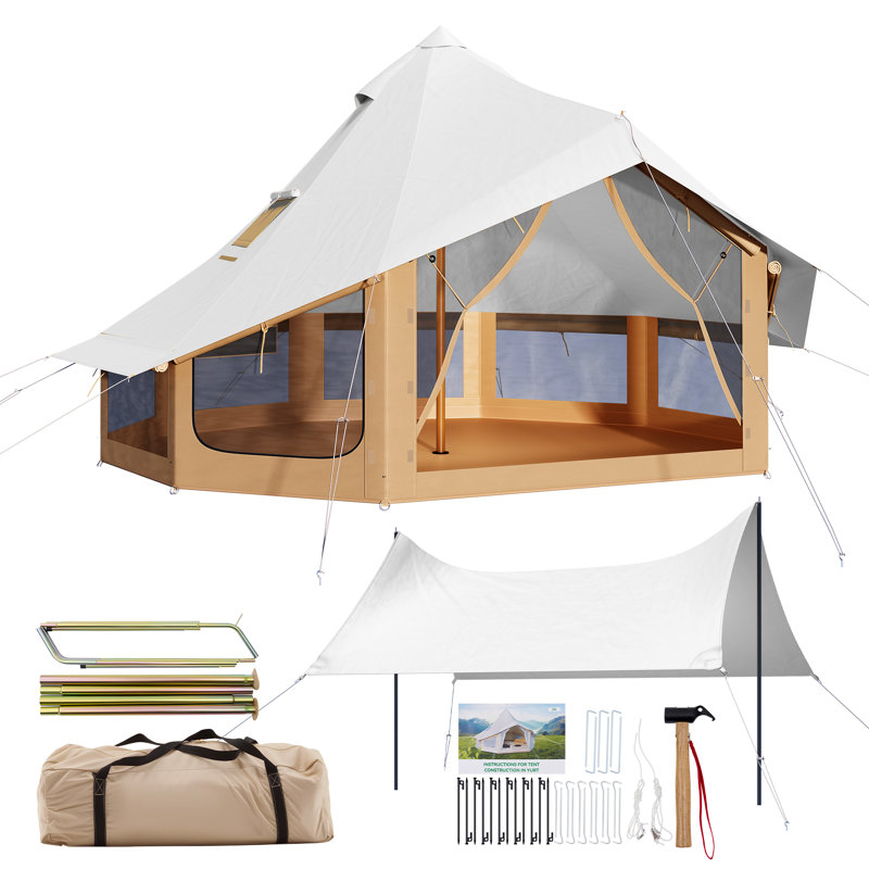 4-Season Canvas Bell Yurt Tent for Camping – Large Inflatable Cabin with Easy-Setup Pump, Waterproof Oxford Fabric, Stove Jack, Mesh Vents & Skylight – Ideal for Family, Glamping, Outdoor & Emergency Shelter