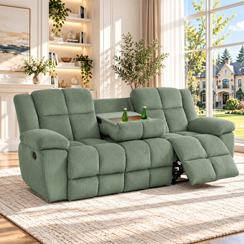 Premium Fabric Reclining Living Room Sofa With Drop Down Table And Cup Holders, Green