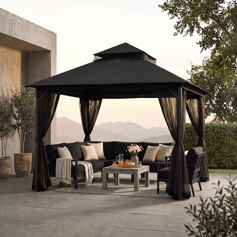 Pavillon de jardin à deux niveaux avec murs grillagés grillagés, 9 pi x 9 pi, Noir