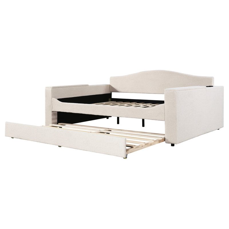 Lit de jour en molleton beige avec rangement et lit gigogne, audio pour la détente, Lit double