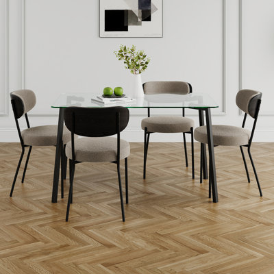 Modern Simple Table With A Glass Rectangular Table And Four Chairs. Transparent Tempered Glass Countertop, Black Spray Legs, Suitable For Kitchen Living Room Dining Room (Set Of 5)