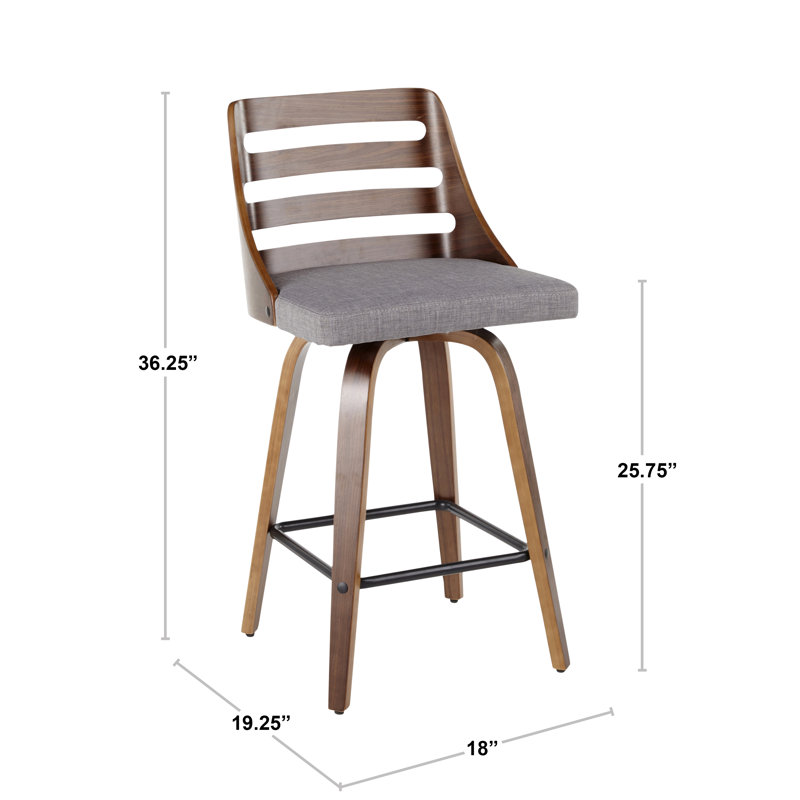 Modern Gray Upholstered Trevi Counter Stool with Walnut Swivel Base