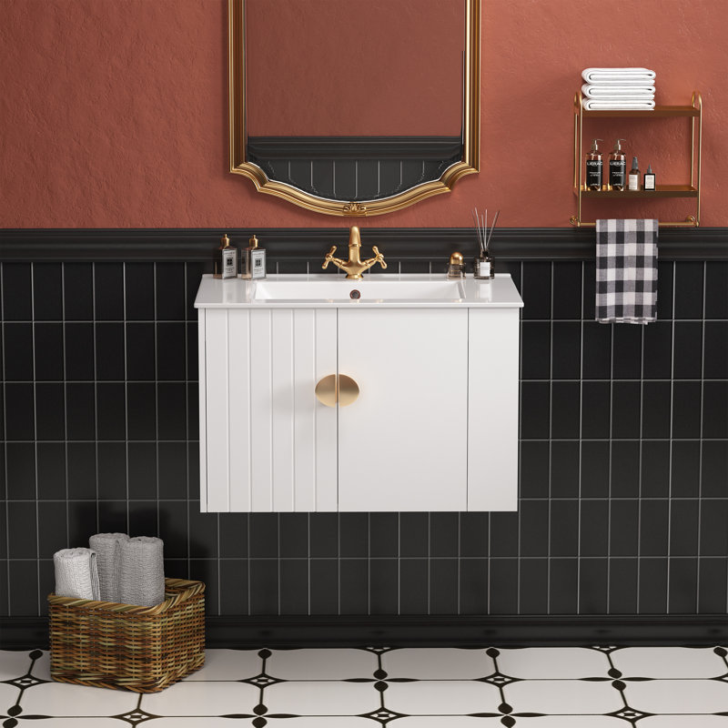 30＂Wall-mounted Single Bathroom Vanity With Ceramic Top-right Side Cabinet, White