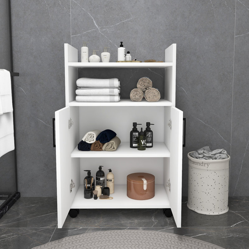 Modern Multi-Purpose Cabinet with Wheels, White, 23.6 x 38.3 x 13.8 inches | 100% Melamine Coated Particle Board, Thickness: 0.7 inches | Numerous Shelves, Additional Storage, Wall-Mountable Design, Stylish & Functional