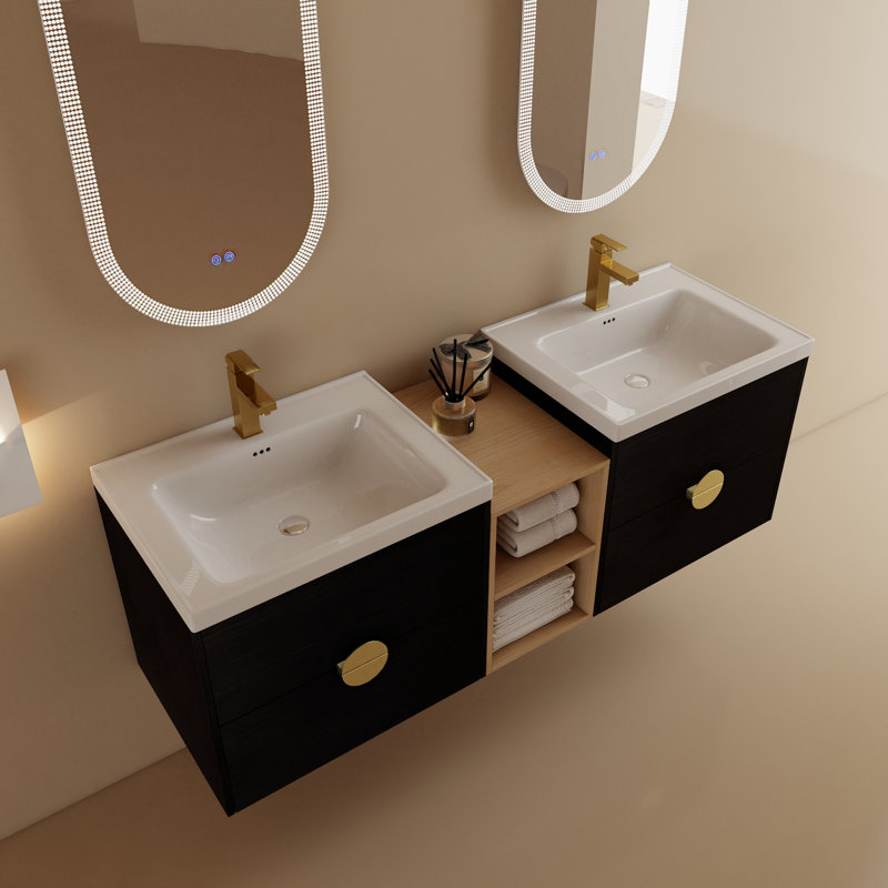 Nikiah 59.8 " W Free Standing Wall Mounted 2 Double Vanity Bathroom Vanity With Ceramic Top