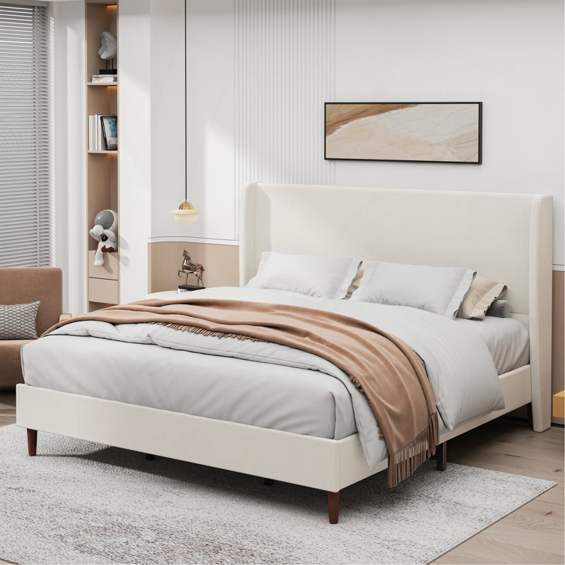 Lit tapissier en chenille, Grand lit, Lin beige, Solid/Manufactured Wood