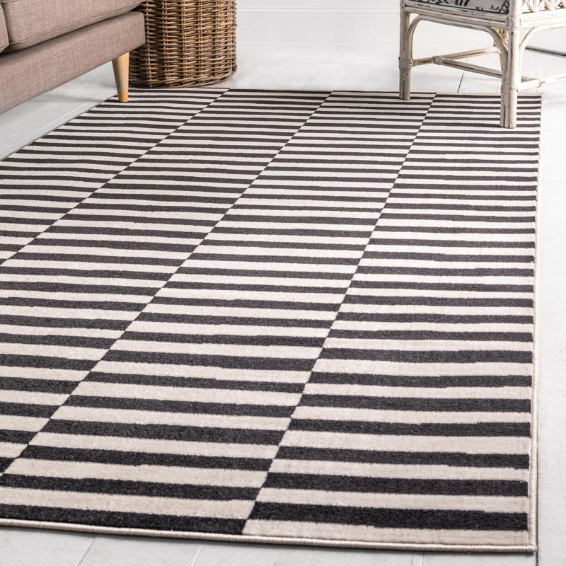 Tapis rayé ivoire / noir Arzilla, Rectangle 2 pi 2 po x 3 pi 1 po, Black