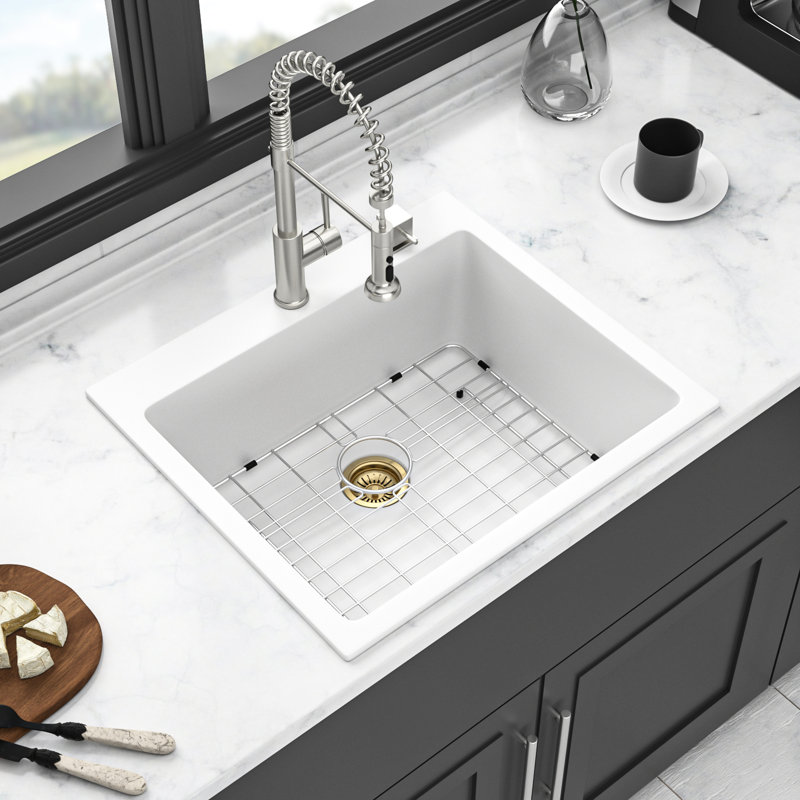 25X22" White Quartz Drop - In Kitchen Sink, Thick Stone For Quiet Use And Vibration Reduction, Non Scratch Porous Surface, Package With Drying Rack Elimination, Scratch ,