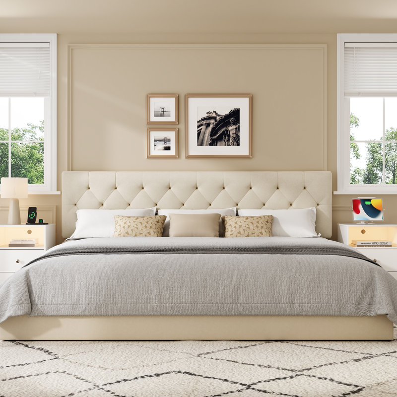 Tête de lit tapissier à hauteur ajustable, beige grand, Beige, Grand lit