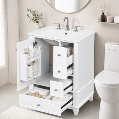 Meuble-lavabo 24 po avec lavabo en céramique, pieds en bois massif, armoire 1 porte et tiroirs multiples, charnières à fermeture en douceur, blanc