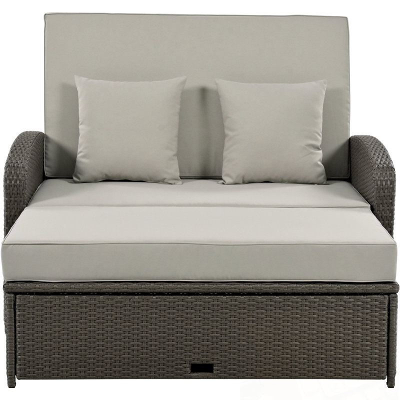 Chaise longue double en osier PE avec coussin moelleux, Gris