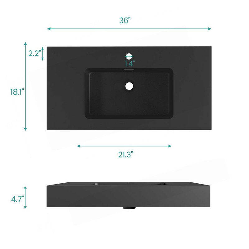 BB02-36-109, Integrated engineered solid surface basin WITHOUT drain and faucet, matte black color