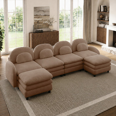 Curved Backrest Modular Sofa with Movable Ottomans and Double-layer Cushions