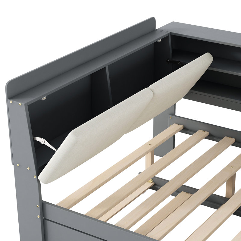 Gris, lit double, lit en bois, lit gigogne, tête de lit avec rangement, compartiment rembourré rotatif, chambres confortables