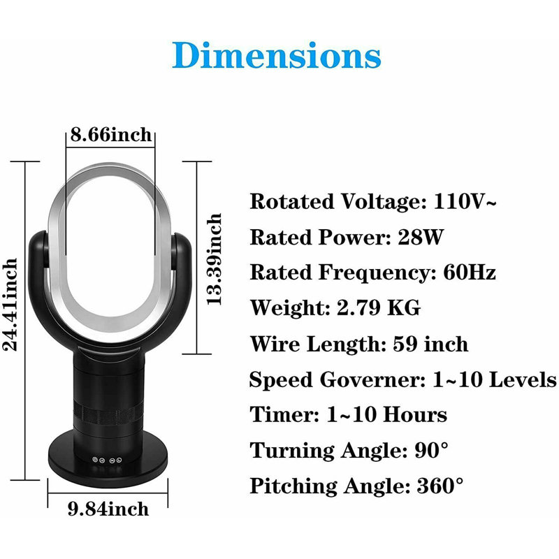 24-Inch Black Bladeless Oscillating Floor Fan with Remote