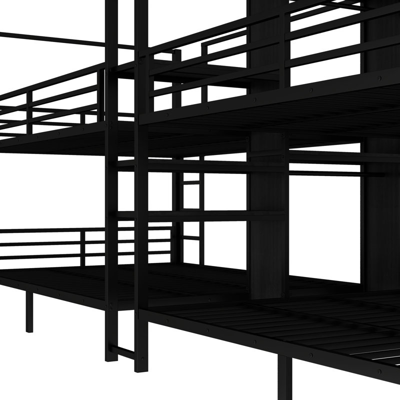 Grand lit superposé quadruple en métal noir avec garde-corps, tablettes de rangement, look moderne, conception de tablette ouverte à assemblage simple, esthétique, facile