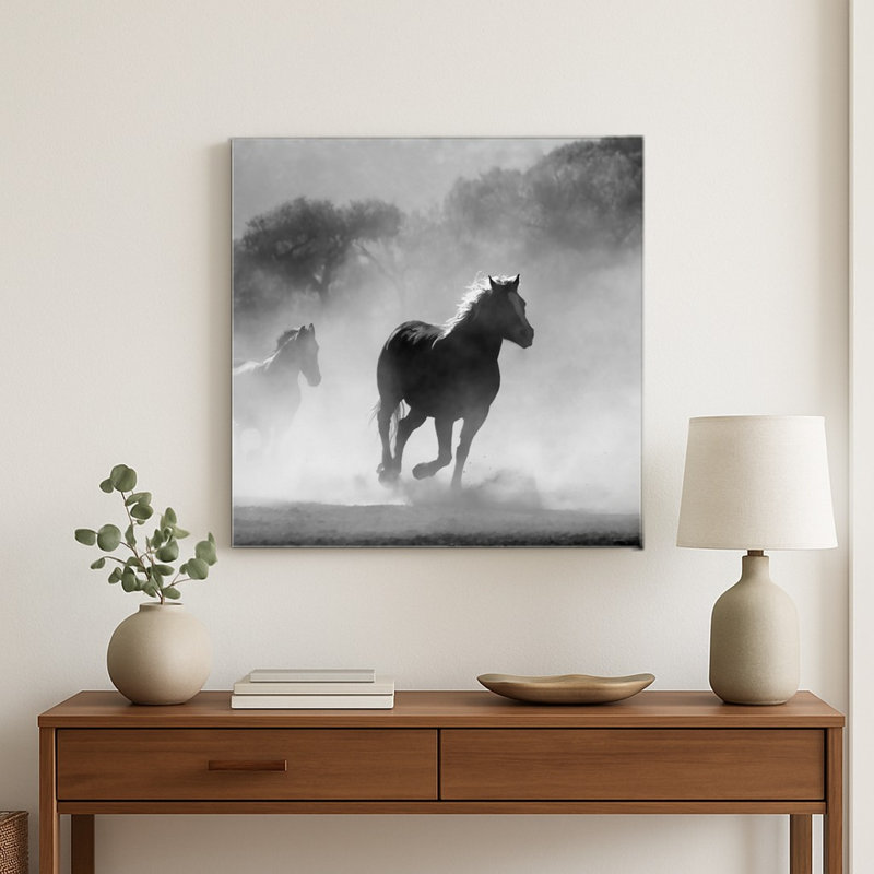 Chevaux sauvages dans la poussière - art mural carré en métal, 12" H x 12" W