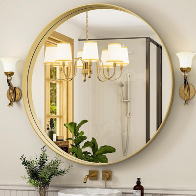 36 Inch Round Bathroom Mirror, Wall Mounted Circle Mirror With Metal Frame, Modern Mirror For Bathroom, Vanity, Entryway, Living Room, Wall Decor, Gold
