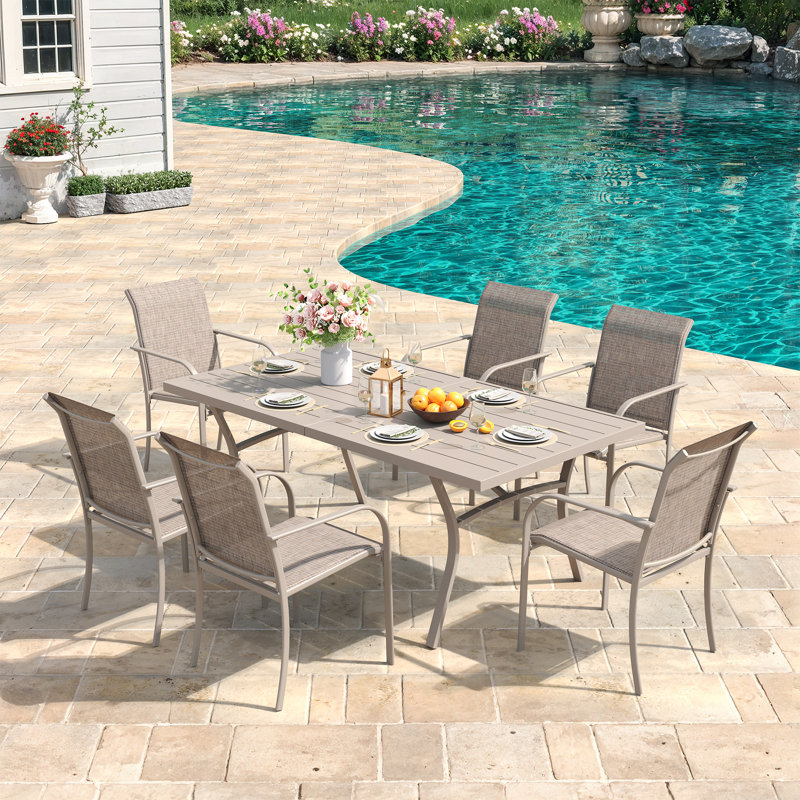 6-Person Patio Dining Set with 63" Rectangular Dining Table and 6 PVC-coated polyester Stackable Chairs, Cream/Sandshell