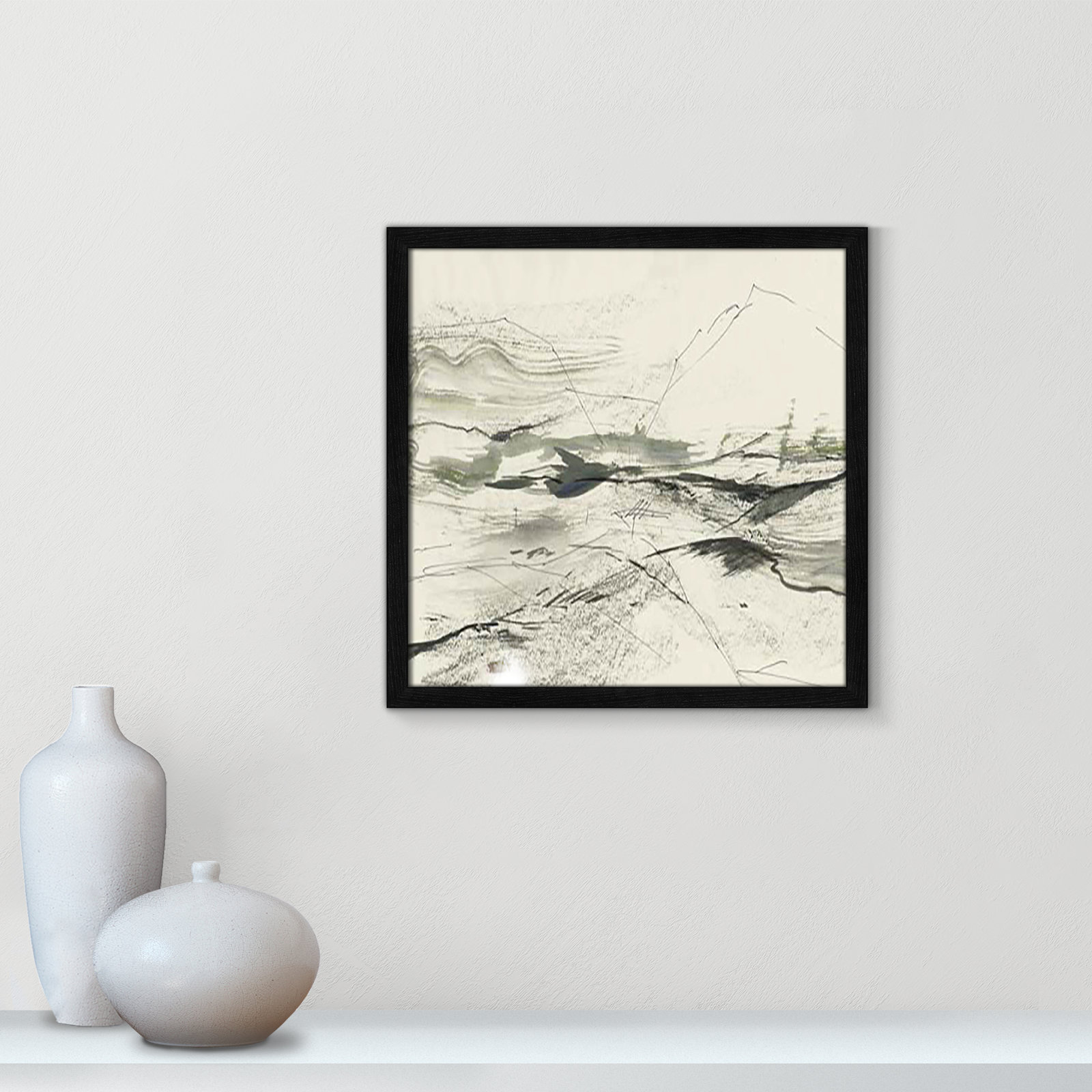 Green Sketches Print, 17" H x 17" W x 1.25" D, Black Slim Framed