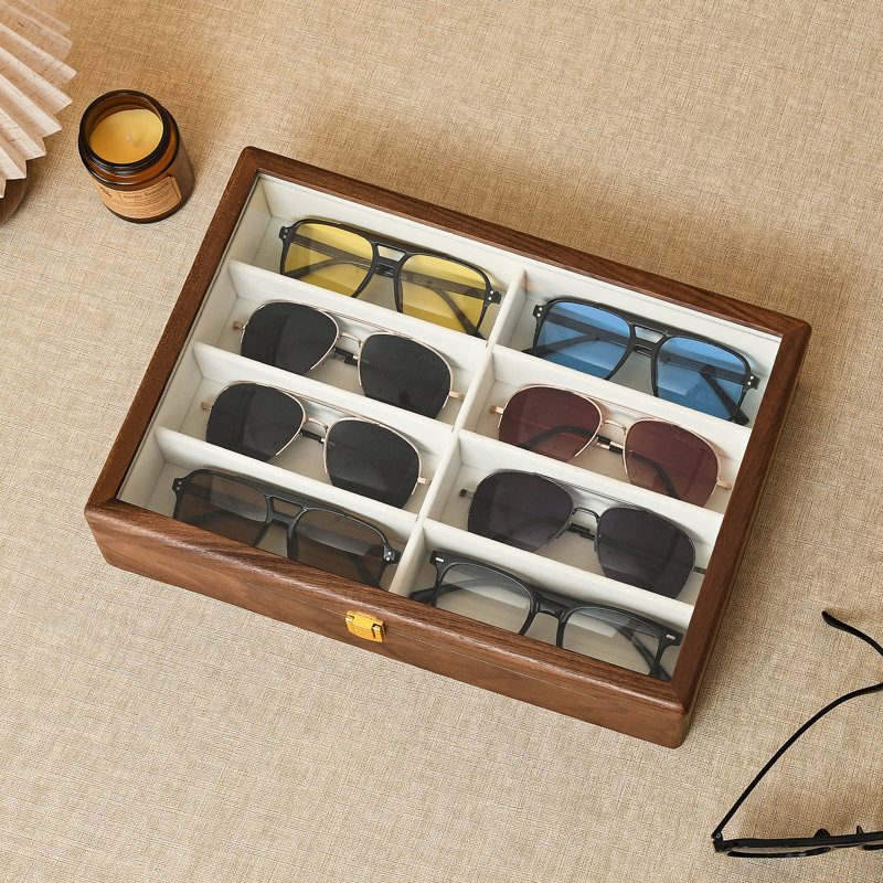 Black Walnut Wooden Sunglasses Organizer, 8 Slots Eyeglasses Storage with Glass Lid Display Case For Women Men.