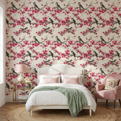 Papier peint floral avec oiseaux et fleurs de cerisier amovibles