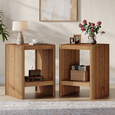 Solid Wood End Table, 2-Tier Rustic Side Table with Open Shelf, Natural Wood Accent Table for Living Room or Bedroom by One Allium Way