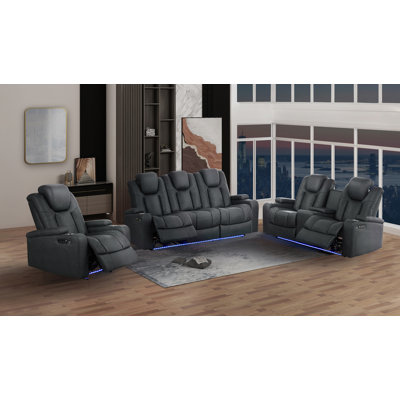 Ensemble 3 pièces: canapé inclinable électrique avec table rabattable, causeuse console et fauteuil inclinable oscillant, gris anthracite