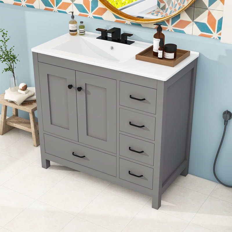 Meuble-lavabo simple autoportant contemporain avec lavabo en céramique et grand rangement, Gris