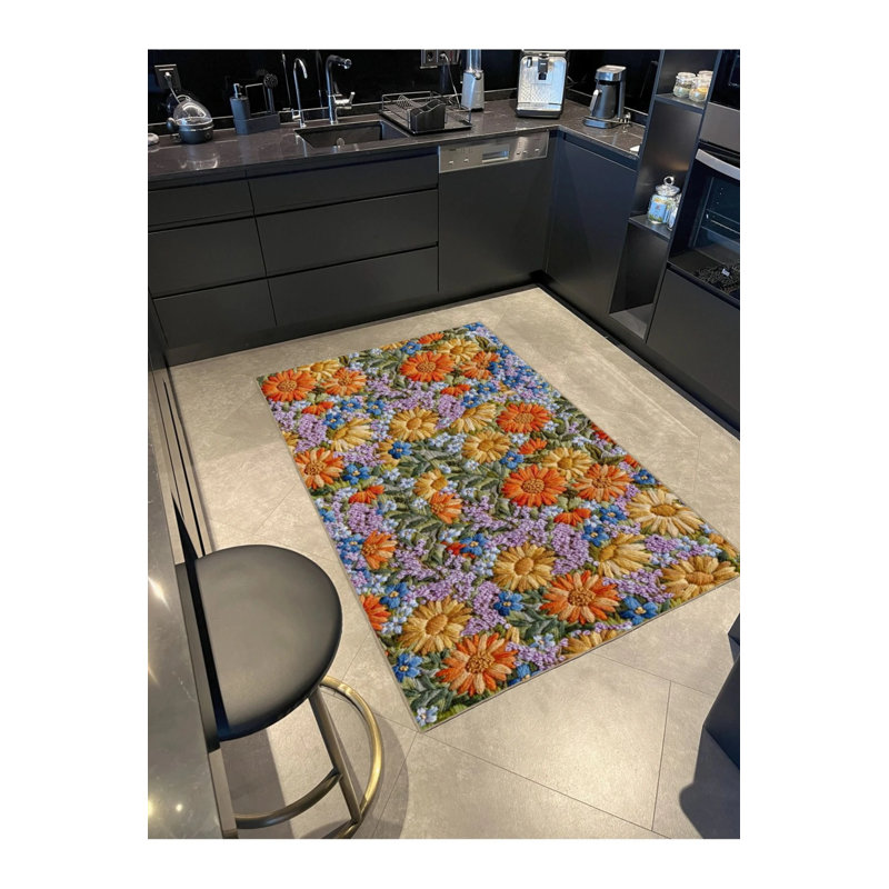 Woven Floor Carpet With Multicolored Floral Pattern, Rectangle 4'8" x 6'7"