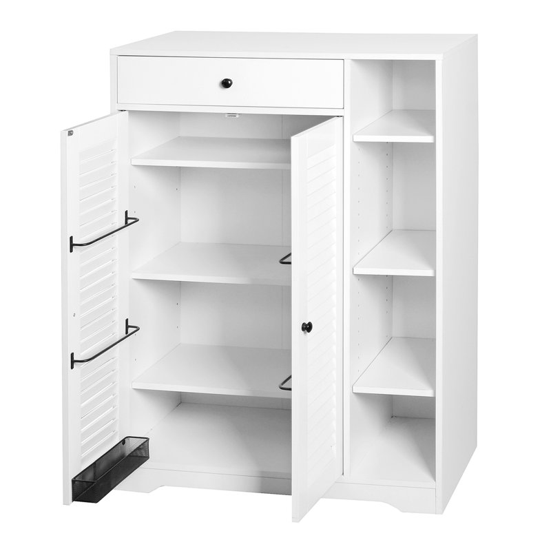 Étagère à chaussures moderne et blanche avec 2 portes à volets - Armoire autoportante avec tablettes de rangement réglables et tiroir pour la gestion étroite du vestibule