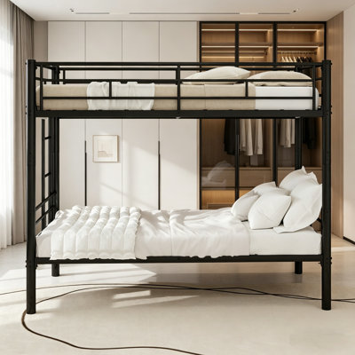 Lit superposé en métal robuste, cadre de lit superposé convertible avec support à lattes en acier et échelle antidérapante, lit superposé avec cadre de sécurité, aucun sommier requis, mobilier de chambre à coucher